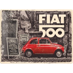 Tin Sign - Fiat 500 - Red Car In The Street