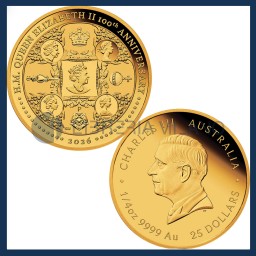 25 Sterline Oro Proof (1/4 oz) - 100° Anniversario Regina Elisabetta - Regno Unito - 2026